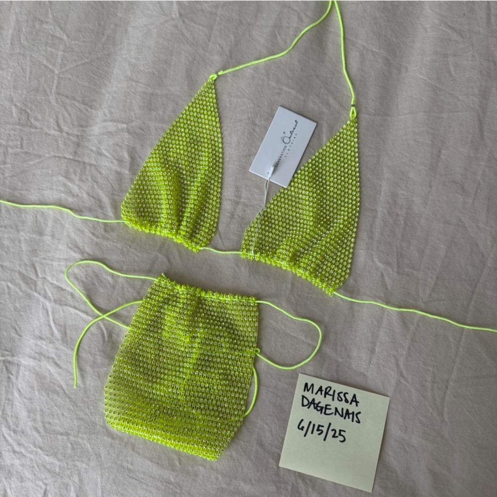 Outcast Boutique rhinestone bikini neon yellow. Size S